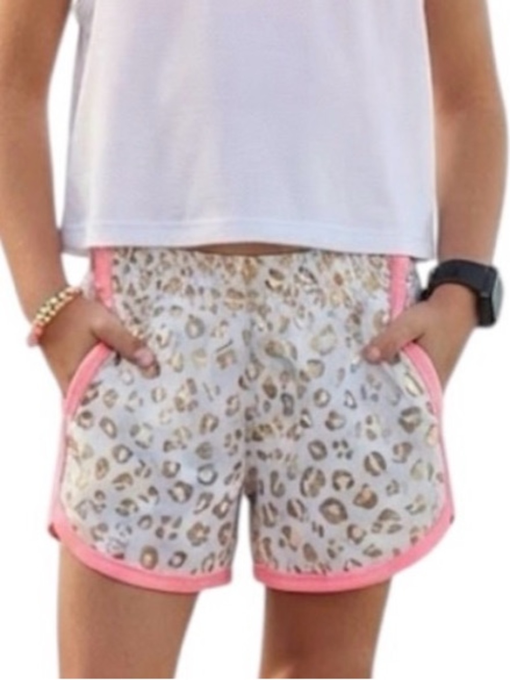 BODY GLOVE Athleisure Preppy Girls Animal Print Track Shorts Ivory Rose Gold 6Y